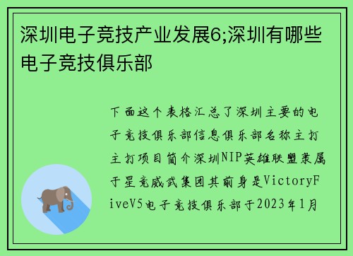 深圳电子竞技产业发展6;深圳有哪些电子竞技俱乐部